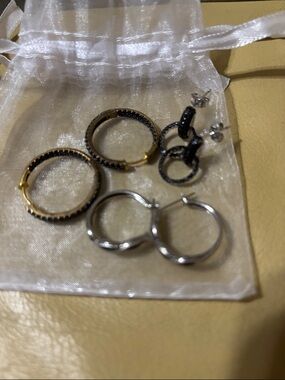 Mixed Metal Hoop Earring Set in Gold and Silver, stones are black spinel